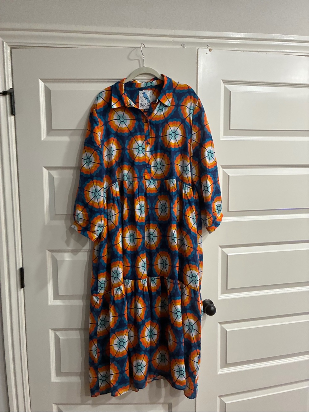 Printed Blue and Orange Tiered Midi Dress